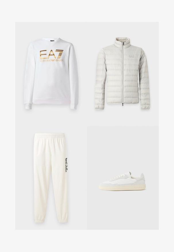 Chaqueta acolchada de color gris claro con cremallera completa en la parte delantera, cuello alto, puños elásticos y logo sutil en el pecho.; Sudadera blanca de algodón con mangas largas y cuello redondo. Presenta un logo metálico dorado "EA7 EMPORIO ARMANI" en la parte delantera.; Pantalones deportivos de un color beige claro con cinturilla elástica y puños elásticos. Presenta un logo negro impreso en la pierna izquierda. Textura de tela suave.; Zapatilla blanca con parte superior texturizada de ante y cuero. Presenta una puntera redondeada, cierre con cordones y suela de goma beige contrastante.