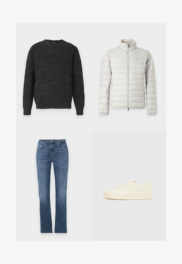 Lysegrå quiltet jakke med fuld lynlås foran, stående krave, elastiske manchetter og diskret logo på brystet.; Strikket sort sweater med et tekstureret zigzag-mønster, rund halsudskæring og lange ærmer. Stoffet har en blød, åndbar tekstur.; Blå straight-leg denimjeans med forlommer, knaplukning og let falmet detaljering på lår og knæ.; Sneaker i cremefarve med en glat læderoverdel, rundet tå, snørelukning foran og en tekstureret gummisål. Minimalistisk design uden logoer.