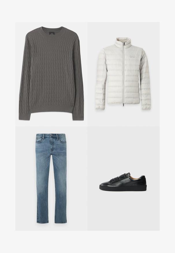 Veste matelassée gris clair avec fermeture éclair intégrale devant, col montant, poignets élastiques et logo discret sur la poitrine.; Armani Exchange Pullover - dark gull zig zag; Jean en denim bleu avec une coupe droite, doté d'un design classique à cinq poches, de coutures visibles et d'une finition délavée.; Baskets en cuir noir avec une texture lisse, bout rond et fermeture à lacets. Comprend une semelle en caoutchouc épaisse et un minimum de détails de marque.