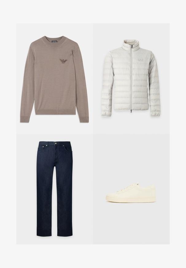 Veste matelassée gris clair avec fermeture éclair intégrale devant, col montant, poignets élastiques et logo discret sur la poitrine.; Pull beige à manches longues, col rond, avec un ourlet côtelé et un logo brodé au niveau de la poitrine. Fabriqué dans un tissu doux et léger.; Jean en denim bleu foncé à jambes droites avec bouton à l'avant et design à cinq poches, présenté sur un fond clair uni.; Baskets couleur crème avec une tige en cuir lisse, bout arrondi, laçage à l'avant et semelle en caoutchouc texturée. Design minimaliste, sans logo.