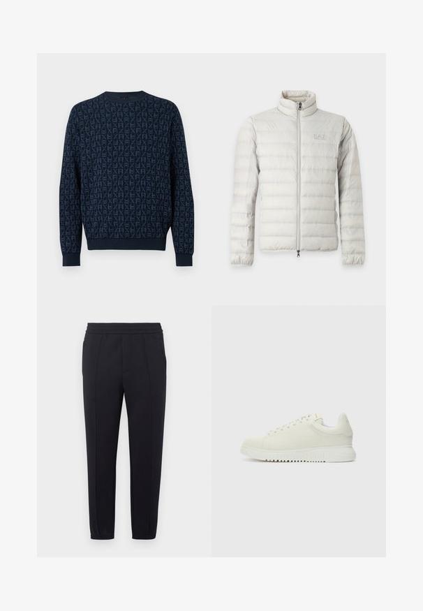 Veste matelassée gris clair avec fermeture éclair intégrale devant, col montant, poignets élastiques et logo discret sur la poitrine.; Pull bleu marine à col rond avec manches longues, en tissu texturé présentant un motif répétitif en relief HX sur toute la surface.; Pantalon de jogging noir avec une taille élastique, des jambes fuselées, des poches latérales et une texture de tissu lisse. Présente des détails cousus le long des coutures.; Baskets blanches en cuir avec un dessus texturé, bout rond, semelle plate blanche et lacets ton sur ton. Marque discrète sur la languette.