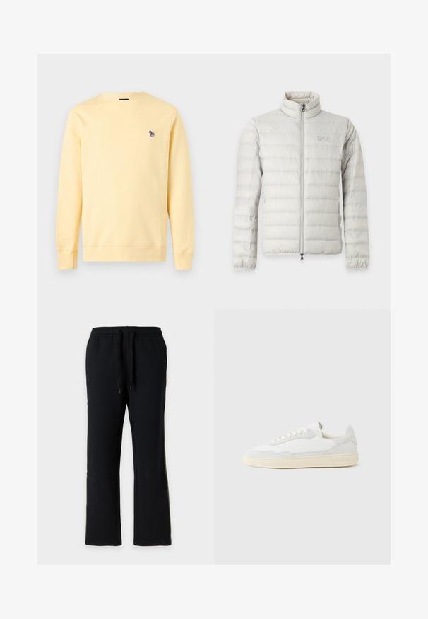 Veste matelassée gris clair avec fermeture éclair intégrale devant, col montant, poignets élastiques et logo discret sur la poitrine.; Sweat-shirt jaune clair à manches longues avec col rond et petit logo zèbre brodé sur la poitrine gauche.; Pantalon de jogging noir à coupe droite avec taille élastique et cordons noirs, présenté sur un fond gris clair uni.; Baskets blanches avec dessus en daim et cuir texturé. Caractérisées par un bout arrondi, une fermeture à lacets et une semelle en caoutchouc beige contrastante.
