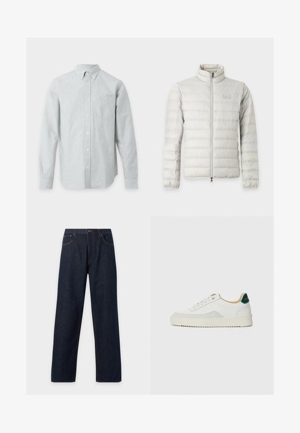 Veste matelassée gris clair avec fermeture éclair intégrale devant, col montant, poignets élastiques et logo discret sur la poitrine.; Chemise à manches longues boutonnée avec fines rayures verticales grises et blanches et une seule poche poitrine sur fond uni.; Jean droit en denim bleu foncé avec poches avant et coutures marron visibles, posé à plat sur un fond clair.; Baskets blanches avec des accents en daim, bout arrondi, lacets plats et semelle en caoutchouc crème. Présente une marque verte sur le talon.