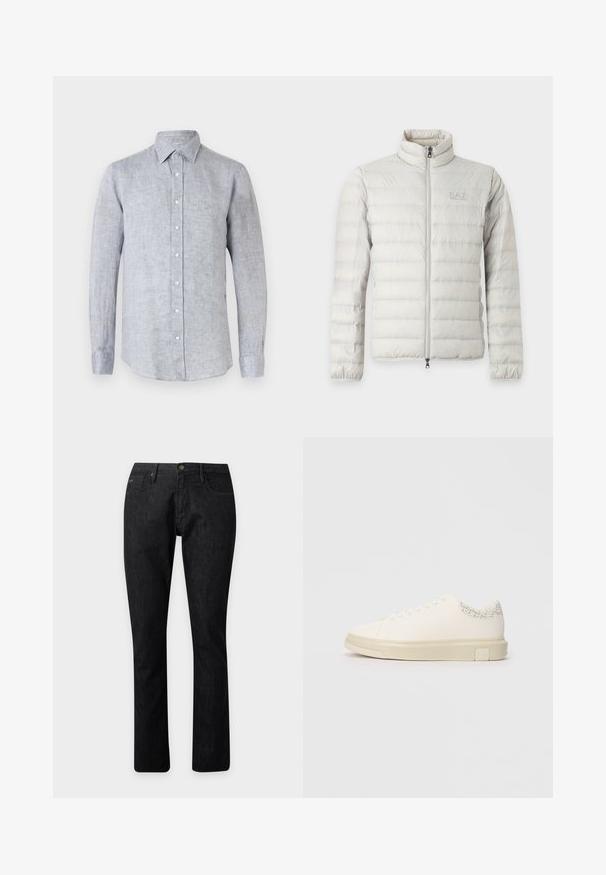 Veste matelassée gris clair avec fermeture éclair intégrale devant, col montant, poignets élastiques et logo discret sur la poitrine.; Chemise à manches longues pour homme, gris clair, avec boutons, col et tissu texturé subtil.; Jean droit en denim noir avec fermeture avant par bouton et zip, passants de ceinture et design à cinq poches.; Sneaker blanc avec une tige en toile lisse, des lacets plats, un col rembourré et un accent gris texturé à l'arrière. Semelle en caoutchouc épaisse.