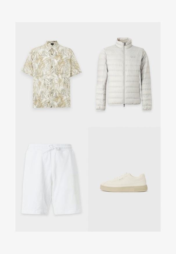Veste matelassée gris clair avec fermeture éclair intégrale devant, col montant, poignets élastiques et logo discret sur la poitrine.; Chemise à manches courtes en beige clair avec un motif de feuilles de palmier. Dotée d'un col, d'une fermeture à boutons et d'une texture de tissu douce.; Short blanc jusqu’au genou avec taille élastique et cordon sur fond uni.; Baskets en toile blanches avec une semelle en caoutchouc texturée, présentant un capuchon de chaussure cousu et un accent de logo sur le talon. Design simple à lacets.