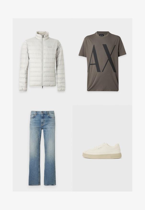 Lichtgrijze doorgestikte jas met volledige voorrits, opstaande kraag, elastische manchetten en subtiel logo op de borst.; Grijs T-shirt met korte mouwen en grote zwarte "AX" letters gedrukt op de voorkant, met een ronde hals.; Lichtblauwe spijkerbroek met een rechte pijp, voorzien van een vervaagde finish, klassiek ontwerp met vijf zakken en contrasterende stiksels.; Witte canvas sneakers met een gestructureerde rubberen zool, featuring een gestikte neuskap en logo-accent op de hak. Eenvoudig vetersluiting ontwerp.