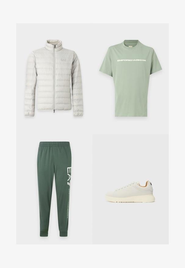 Lysegrå quiltet jakke med fuld lynlås foran, stående krave, elastiske manchetter og diskret logo på brystet.; Lysegrøn t-shirt med korte ærmer og rund hals, med hvid EMPORIO ARMANI-logo på brystet, vist på ensfarvet baggrund.; Grønne atletikbukser med elastisk linning, tilspidset form og hvid logodetalje langs venstre ben; glat, letvægtsstof.; Hvide sneakers med en glat læderoverdel, en tyk cremefarvet gummisål og diskret syning. Minimalistisk design med rund tå og snøresystem.
