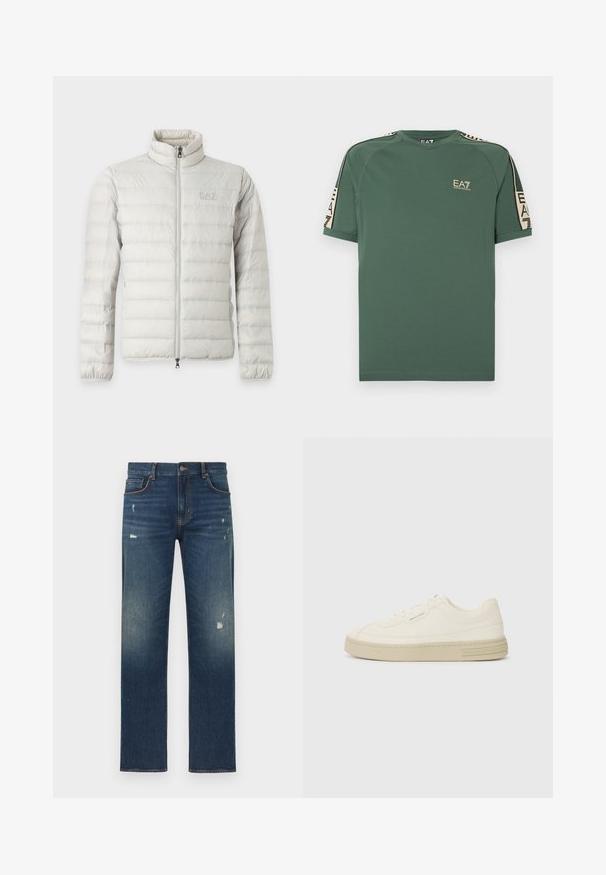 Lichtgrijze doorgestikte jas met volledige voorrits, opstaande kraag, elastische manchetten en subtiel logo op de borst.; Groen EA7 Emporio Armani T-shirt met korte mouwen, beige getapete merkstrepen op schouders en mouwen, logo op de linkerborst.; Blauwe spijkerbroek met een rechte pijp, voorzien van lichte slijtage en vervaging, vijf zakken en een knoopsluiting in de taille.; Witte canvas sneakers met een gestructureerde rubberen zool, featuring een gestikte neuskap en logo-accent op de hak. Eenvoudig vetersluiting ontwerp.