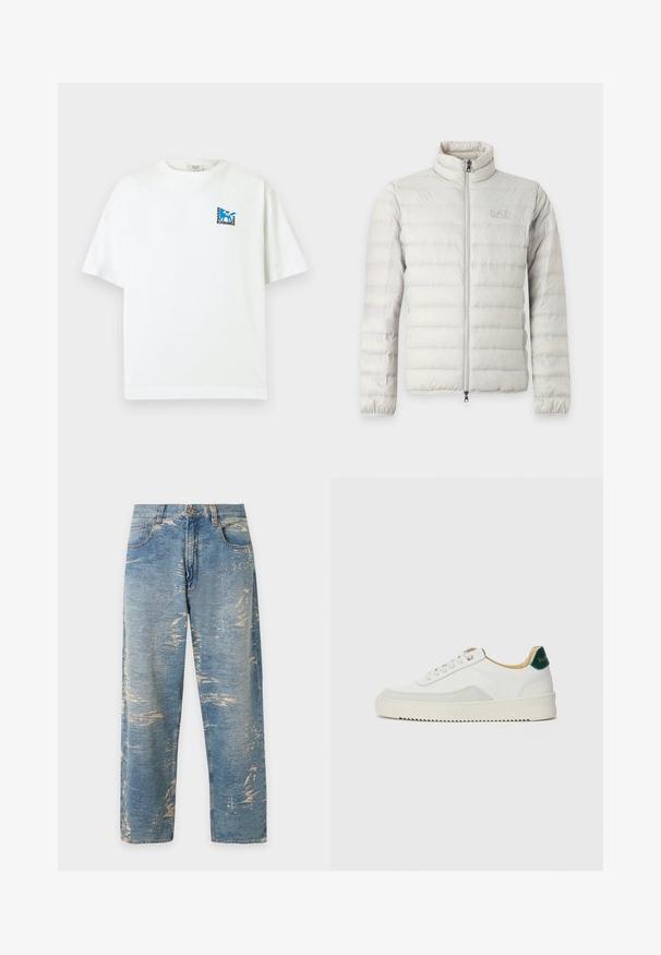 Veste matelassée gris clair avec fermeture éclair intégrale devant, col montant, poignets élastiques et logo discret sur la poitrine.; T-shirt blanc à manches courtes avec petit logo renard bleu et texte « Maison Kitsuné 2062 Paris » sur le haut gauche de la poitrine.; Jean bleu clair à jambes droites, taille haute avec des détails délavés et usés sur tout le tissu.; Baskets blanches avec des accents en daim, bout arrondi, lacets plats et semelle en caoutchouc crème. Présente une marque verte sur le talon.