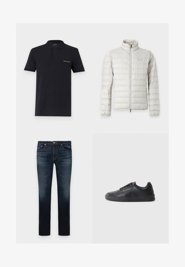 Veste matelassée gris clair avec fermeture éclair intégrale devant, col montant, poignets élastiques et logo discret sur la poitrine.; Polo manches courtes noir avec deux boutons sur la patte de boutonnage et un écusson logo "Armani Exchange" sur la poitrine gauche.; Jean slim bleu foncé avec légère décoloration sur les cuisses et les genoux, design à cinq poches, et fermeture par bouton à la taille.; Chaussure de sport en cuir noir avec une finition lisse, bout arrondi, panneau latéral texturé et lacets noirs. Présente une semelle en caoutchouc plate et un design minimaliste.