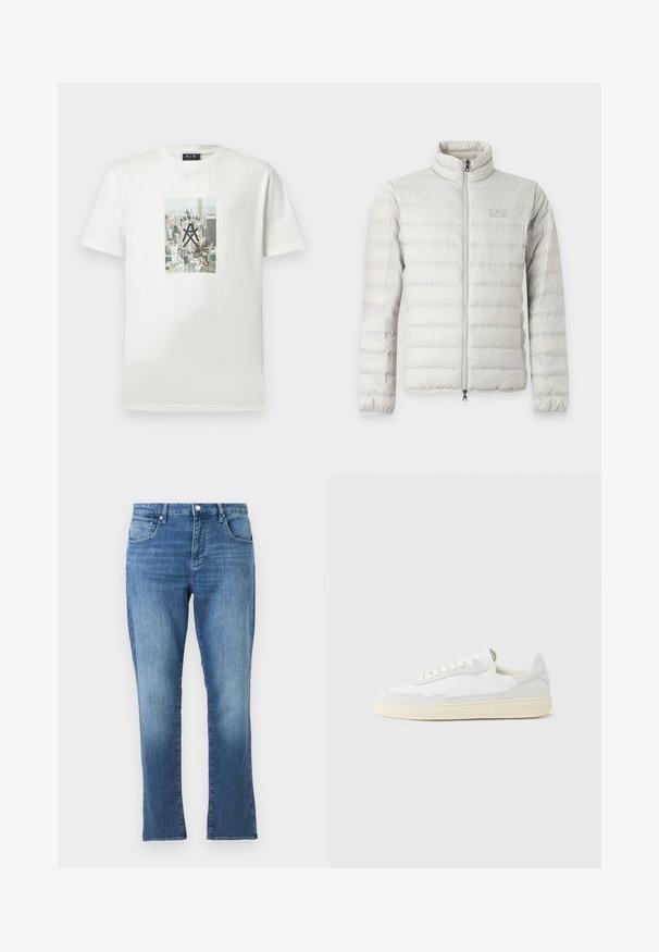 Hellgraue gesteppte Jacke mit komplettem Frontreißverschluss, Stehkragen, elastischen Bündchen und dezentem Logo auf der Brust.; Weißes Baumwoll-T-Shirt mit einem grafischen Druck einer Stadtansicht und dem Text sowie Logo "ARMANI EXCHANGE" in Schwarz in der Mitte. Kurze Ärmel.; Blaue Jeans aus Denim mit geradem Bein, Vorderknopf- und Reißverschluss sowie Fünf-Taschen-Design, dargestellt vor einem schlichten hellen Hintergrund.; Weißer Sneaker mit strukturiertem Obermaterial aus Wildleder und Leder. Verfügt über eine runde Zehenpartie, Schnürverschluss und eine kontrastierende beige Gummisohle.
