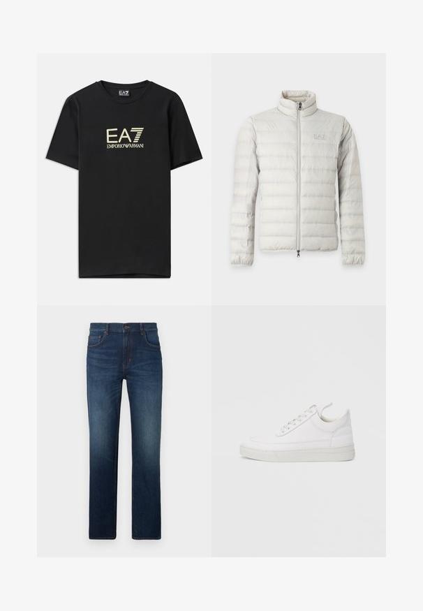 Vaaleanharmaa tikattu takki, jossa koko etuosa vetoketjullinen, pystypystykaulus, joustavat hihansuut ja hillitty logo rinnassa.; Mustat puuvillaiset T-paidat, joissa on kultainen EA7 Emporio Armani -logo rinnassa. Lyhyet hihat ja pyöreä kaula-aukko.; Tummansiniset denimfarkut suoralla lahkeella, joissa on viisi taskua, nappisuljenta ja hienovarainen haalistuma pinnalla.; Valkoinen nahkainen lenkkarit, joissa on pyöreä varvas, tasainen pohja ja nauhat edessä. Mallissa on ompelutaitoja ja pehmustettu kaulus mukavuutta varten.