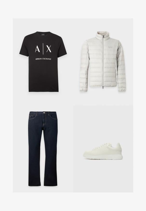 Veste matelassée gris clair avec fermeture éclair intégrale devant, col montant, poignets élastiques et logo discret sur la poitrine.; T-shirt en coton noir avec les initiales "A|X" et "ARMANI EXCHANGE" imprimées en blanc. Col rond avec manches courtes.; Jean en denim bleu foncé coupe droite avec poches avant et arrière, coutures visibles et fermeture par bouton à la taille.; Baskets blanches en cuir avec un dessus texturé, bout rond, semelle plate blanche et lacets ton sur ton. Marque discrète sur la languette.