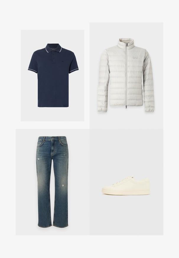 Veste matelassée gris clair avec fermeture éclair intégrale devant, col montant, poignets élastiques et logo discret sur la poitrine.; Polo bleu marine à manches courtes avec bordure blanche sur le col et les bords des manches, patte de boutonnage à trois boutons et logo discret sur la poitrine.; Jeans en denim bleu moyen avec une coupe droite, présentant des décolorations légères et des patches usés. Design classique à cinq poches et fermeture par bouton supérieur.; Baskets couleur crème avec une tige en cuir lisse, bout arrondi, laçage à l'avant et semelle en caoutchouc texturée. Design minimaliste, sans logo.