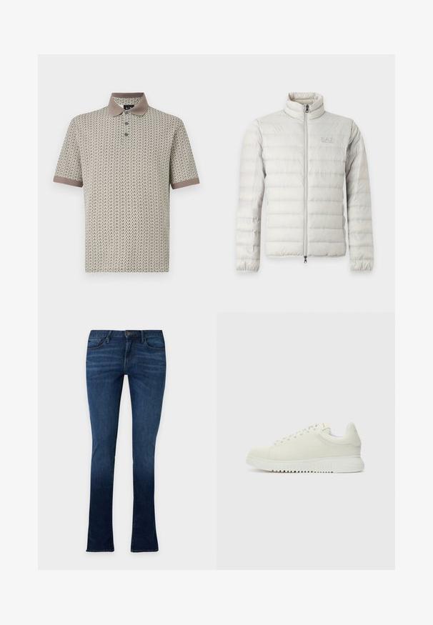 Lichtgrijze doorgestikte jas met volledige voorrits, opstaande kraag, elastische manchetten en subtiel logo op de borst.; Korte mouwen polo shirt in beige stof met een bruine kraag en een patroon van herhalende zigzagvormen in donkere tonen.; Donkerblauwe slim-fit jeans met lichte vervaging, vijf zakken, knoopsluiting en riemlussen, weergegeven op een effen lichte achtergrond.; Witte leren sneaker met een textuur bovenkant, ronde neus, vlakke witte zool en tonale veters. Subtiele branding op de tong.