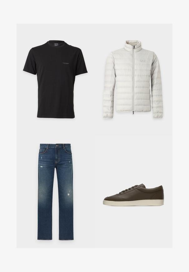 Veste matelassée gris clair avec fermeture éclair intégrale devant, col montant, poignets élastiques et logo discret sur la poitrine.; T-shirt noir à manches courtes Armani Exchange avec col rond et petit logo blanc sur la poitrine gauche sur fond blanc.; Jean en denim bleu avec une coupe droite, présentant un léger effet usé et décoloré, cinq poches et une fermeture par bouton à la taille.; Baskets basses en cuir marron foncé avec lacets sur le devant et semelle en caoutchouc couleur crème, vues de côté extérieur sur fond blanc.