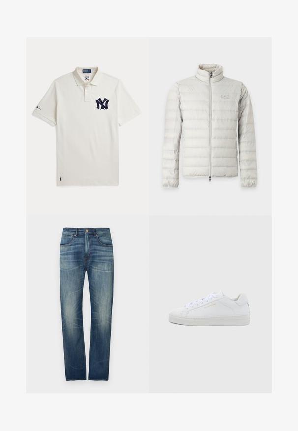 Chaqueta acolchada de color gris claro con cremallera completa en la parte delantera, cuello alto, puños elásticos y logo sutil en el pecho.; Camiseta polo blanca con logo de los New York Yankees en azul marino en el pecho, pequeño emblema de Polo Ralph Lauren cerca del dobladillo, y firma en la manga izquierda.; Vaqueros de mezclilla azul oscuro con diseño de pierna recta, que presentan un desgaste ligero, cinco bolsillos y cierre de botón en la cintura.; Zapatillas bajas de cuero blanco con puntera redonda, cordones planos, suela texturizada y sutil marca dorada en el lateral. Superficie lisa y diseño minimalista.