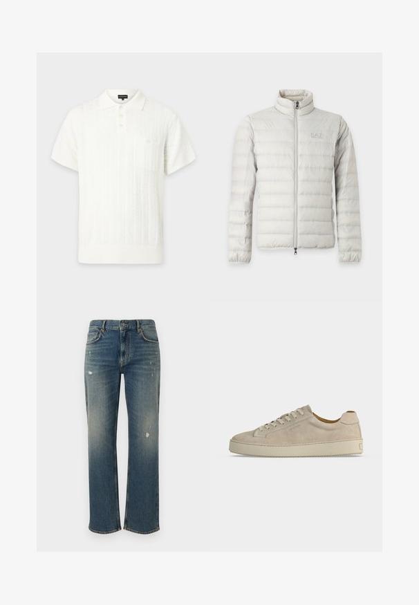 Veste matelassée gris clair avec fermeture éclair intégrale devant, col montant, poignets élastiques et logo discret sur la poitrine.; Polo blanc à manches courtes avec motif en maille texturée, patte de boutonnage à trois boutons, col et poche poitrine boutonnée.; Jeans en denim bleu moyen avec une coupe droite, présentant des décolorations légères et des patches usés. Design classique à cinq poches et fermeture par bouton supérieur.; Baskets basses beiges en daim avec fermeture lacée et semelle épaisse en caoutchouc, vues de profil sur fond blanc uni.