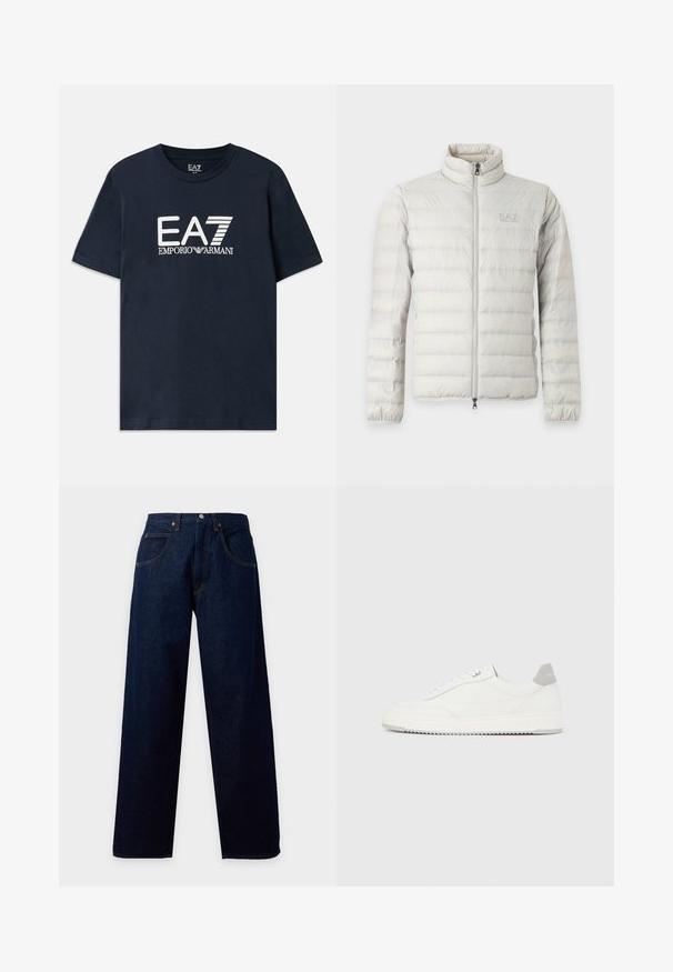 Hellgraue gesteppte Jacke mit komplettem Frontreißverschluss, Stehkragen, elastischen Bündchen und dezentem Logo auf der Brust.; Blaues Baumwoll-T-Shirt mit kurzen Ärmeln und rundem Ausschnitt. Auf der Vorderseite befindet sich ein auffälliges weißes EA7 Emporio Armani-Logo.; Dunkelblaue Jeans mit geradem Bein, vorderen Taschen, Gürtelschlaufen sowie Knopf- und Reißverschluss.; Weißer Sneaker mit niedrigem Schaft, grauem Fersenlaschen, weißen Schnürsenkeln und einer strukturierten Sohle, dargestellt vor einem schlichten hellen Hintergrund.