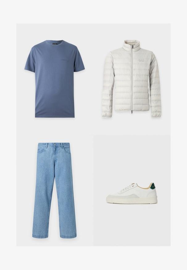Veste matelassée gris clair avec fermeture éclair intégrale devant, col montant, poignets élastiques et logo discret sur la poitrine.; T-shirt bleu uni à manches courtes avec col rond et petit logo brodé discret sur la poitrine gauche.; Jean en denim bleu clair à jambes droites avec poches devant, passants de ceinture et fermeture par bouton, sur fond uni.; Baskets blanches avec des accents en daim, bout arrondi, lacets plats et semelle en caoutchouc crème. Présente une marque verte sur le talon.