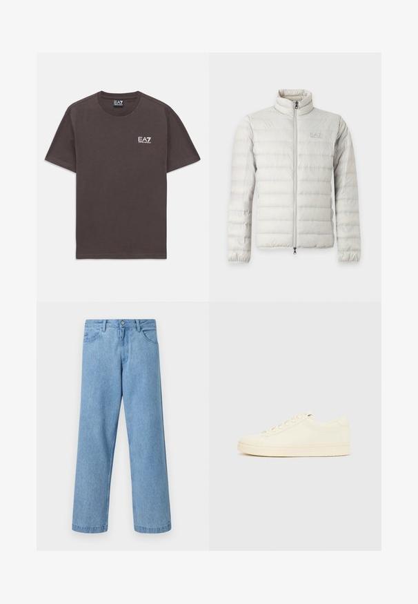 Lichtgrijze doorgestikte jas met volledige voorrits, opstaande kraag, elastische manchetten en subtiel logo op de borst.; Donkergrijze T-shirt met korte mouwen en ronde hals, met klein wit EA7 Emporio Armani-logo op de linkerborst en een label in de hals.; Lichtblauwe denim jeans met rechte pijpen, steekzakken aan de voorkant, riemlussen en een knoopsluiting tegen een effen achtergrond.; Slofkleurige sneaker met een glad leren bovenwerk, ronde neus, vetersluiting en een geribbelde rubberen zool. Minimalistisch ontwerp, zonder logo's.