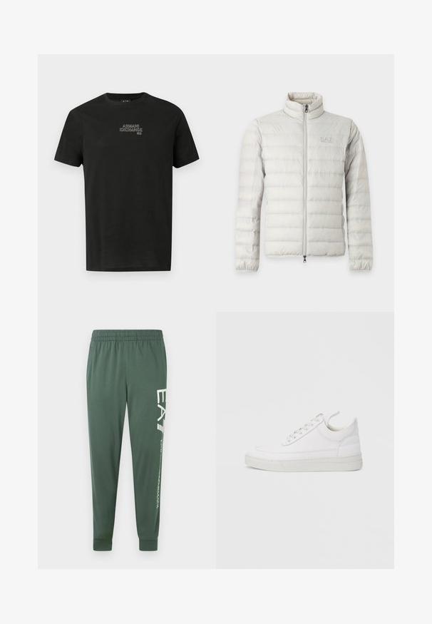 Veste matelassée gris clair avec fermeture éclair intégrale devant, col montant, poignets élastiques et logo discret sur la poitrine.; T-shirt en coton noir à manches courtes, col rond, avec un logo brodé "Armani Exchange" en contraste sur la poitrine.; Pantalon de sport vert avec une taille élastique, une coupe effilée et un logo blanc le long de la jambe gauche ; tissu lisse et léger.; Baskets en cuir blanc avec un embout arrondi, une semelle plate et un laçage à l'avant. Présentent des détails de couture et un col rembourré pour plus de confort.