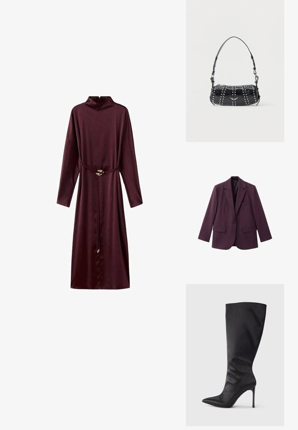 Bordeaux blazer med klippet krave, enkelt knaplukning, to forlommer og en glat stofstruktur.; Bordeaux langærmet kjole med høj krave, indsnævret talje med bælte og en glat, ensartet tekstur. Har en rund metallic spænde detalje.; Sort knæhøj stiletstøvle lavet af glat, glansfuldt materiale; spids tå; tætsiddende pasform med let samling nær anklen; skinnende hæl.; Sort skuldertaske i laklæder med sølvnitter i lodrette rækker og et lille sølvfugleemblem midt på fronten.