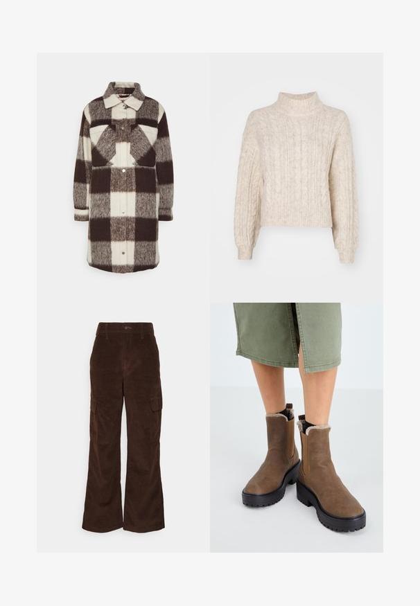Abercrombie & Fitch WINTERIZED SHACKET - Klassischer Mantel - brown/white; Cremfarbener, kürzer geschnittener Pullover mit hohem Kragen, der ein strukturiertes Zopfmuster und lange, leicht puffige Ärmel aufweist.; Hollister Co. Stoffhose - chicory; Braune Lederstiefeletten mit Gummisohle, flauschigem Futter und elastischen Seiteneinsätzen. Mit einem niedrigen Blockabsatz und einer glatten Textur.