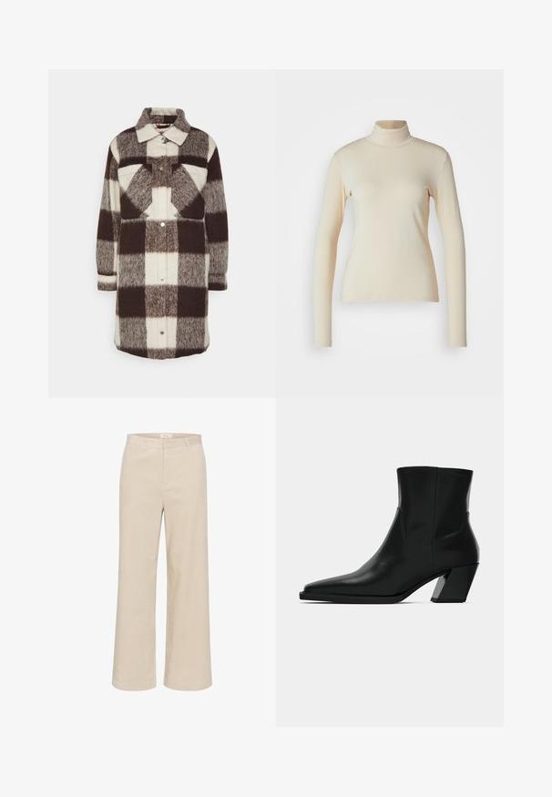 Abercrombie & Fitch WINTERIZED SHACKET - Klassisk frakke - brown/white; Cremefarvet langærmet turtleneck top lavet af glat, strækbart stof; tætsiddende design med høj hals og ingen synlige mønstre eller detaljer.; Beige buks med brede ben i velour, der har en subtil ribbet tekstur, bæltestropper, frontlynlås og to sidelommer.; Sortlæder ankelstøvle med spids tå, en slank silhuet og en kraftig firkantet hæl. Glat tekstur med minimale stikninger.