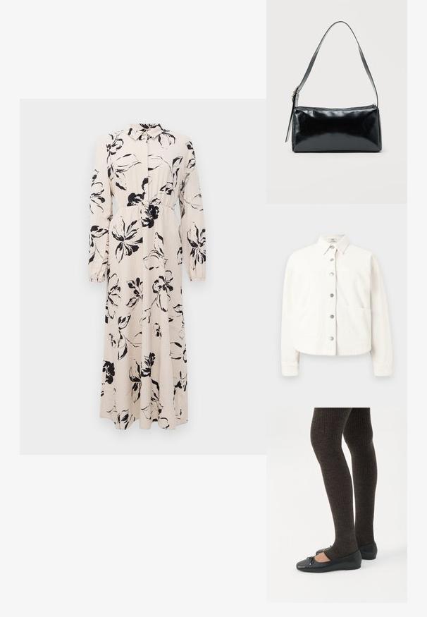 Witte blouse met lange mouwen, knopen en kraag, met twee grote voorzakken, afgebeeld tegen een effen achtergrond.; Lange beige jurk met zwart bloemenpatroon, lange mouwen, geraffineerde taille en een kraag met knoopsluiting aan de voorkant.; Benen met donkere geribbelde leggings gecombineerd met zwarte ballerina's met kleine strikdetails op een witte achtergrond.; Zwarte rechthoekige schoudertas met een enkele verstelbare band en een bovenste ritssluiting op een effen achtergrond.