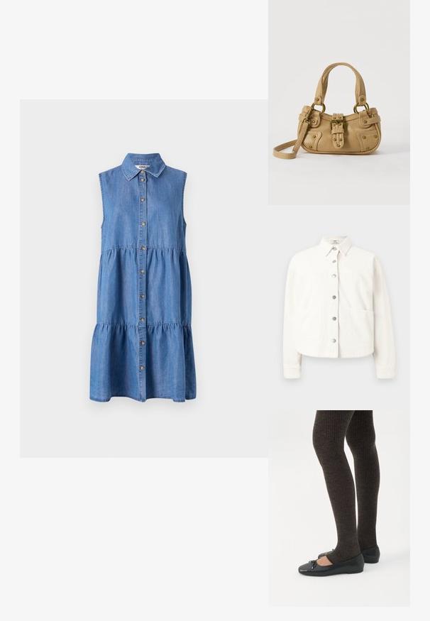 Witte blouse met lange mouwen, knopen en kraag, met twee grote voorzakken, afgebeeld tegen een effen achtergrond.; Denim mouwloze jurk met een knoopsluiting aan de voorkant, een gelaagde ruchesrok, een puntkraag en een lichtblauwe kleur.; Benen met donkere geribbelde leggings gecombineerd met zwarte ballerina's met kleine strikdetails op een witte achtergrond.; Beige leren handtas met dubbele handvatten, messing gesps en klinknagel details, en een verstelbare schouderriem tegen een witte achtergrond.