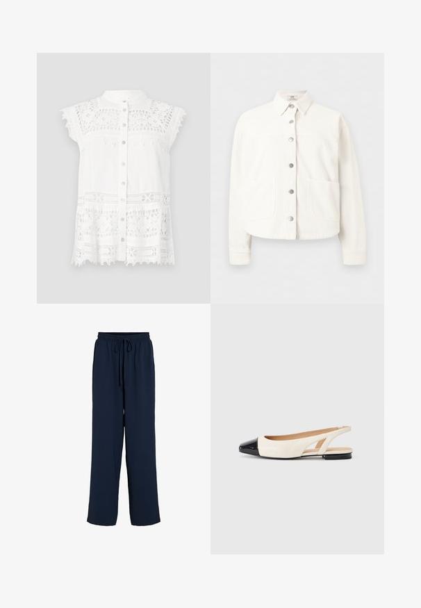 Camisa chaqueta blanca de manga larga con botones, cuello y dos grandes bolsillos delanteros, mostrada sobre un fondo liso.; Blusa blanca con mangas cortas tipo capa, que presenta detalles de encaje y un frente abotonado. La tela texturizada y el dobladillo con forma de escallona añaden interés visual.; Pantalones azul marino de corte holgado con cintura elástica y cordón, pernera recta, estilo casual, sin bolsillos visibles.; Zapato de mujer con tacón bajo y con tira trasera en color crema, con punta negra de charol y parte trasera abierta, sobre un fondo liso de color gris claro.