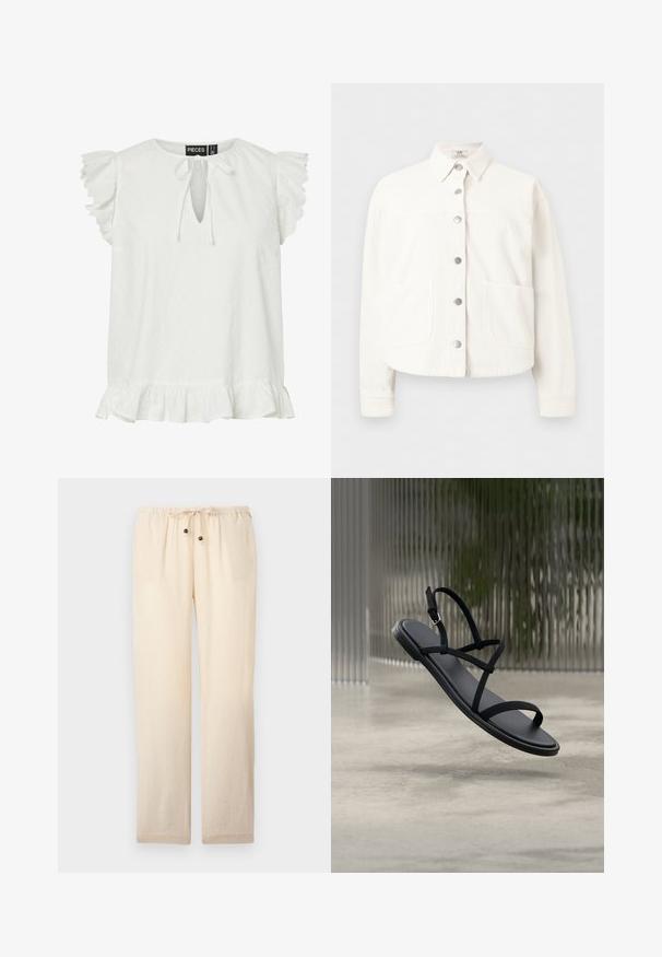 Veste-chemise blanche à manches longues avec col et deux grandes poches avant, présentée sur un fond uni.; Blouse blanche sans manches avec manches courtes à volants, encolure goutte d’eau à nouer et ourlet volanté. Étiquette de marque "Pieces" à l’intérieur du col.; Pantalon beige clair, coupe ample, avec taille élastique et cordon de serrage orné de deux perles en bois aux extrémités, présenté sur un fond uni.; Sandale plate minimaliste noire avec fines lanières et boucle flottant au-dessus d'un sol en béton et d'un fond en verre texturé.