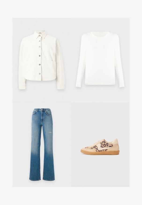 Camisa chaqueta blanca de manga larga con botones, cuello y dos grandes bolsillos delanteros, mostrada sobre un fondo liso.; Camiseta blanca de manga larga hecha de tela suave, con cuello redondo y corte recto en el dobladillo, sin patrones ni accesorios visibles.; Jeans de mezclilla azul de talle alto con leve desgastes en los muslos, estilo de cinco bolsillos y diseño de pierna acampanada.; Zapatillas de leopardo con parte superior de ante beige, suela de goma marrón y acentos blancos. Punta redonda y diseño con cordones con un acabado texturado.