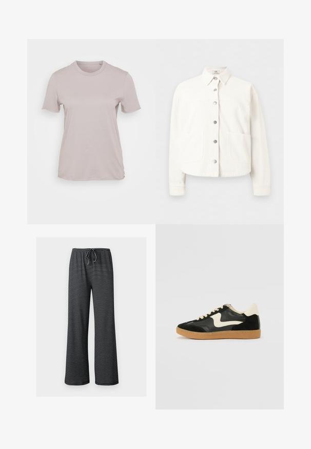 Camisa chaqueta blanca de manga larga con botones, cuello y dos grandes bolsillos delanteros, mostrada sobre un fondo liso.; Camiseta de manga corta color beige claro, hecha de algodón, con un escote redondo y un corte relajado, de textura suave y sin patrones visibles.; Pantalones de pierna ancha con rayas horizontales en blanco y negro, cintura elástica y cordón de ajuste frontal.; Zapatillas de deporte de ante y cuero negro con un swoosh lateral en crema y un talón en crema claro. Presenta cordones beige y una suela de goma marrón.