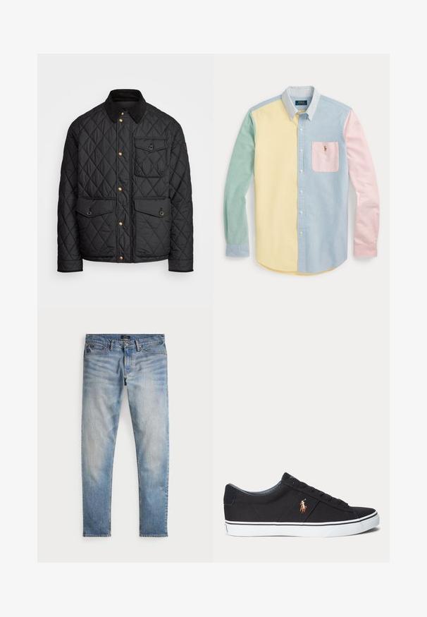 Sort quiltet jakke med en corduroy krave, guld trykknapper, to frontlommer og en lomme på venstre side, udstyret med et logo patch.; Skjorte med lange ærmer og knapper med color-block design i pastelgul, grøn, blå og pink med en stribet krave og brystlomme med logo.; Lys blå denimjeans med en falmet finish, fem-lomme design og kontraststing. Har lynlås og bæltesløjfer. Lige pasform.; Sort lav sneakersko med hvid sål og broderet polo spiller logo på siden, med snørebånd og tekstureret stofoverdel.