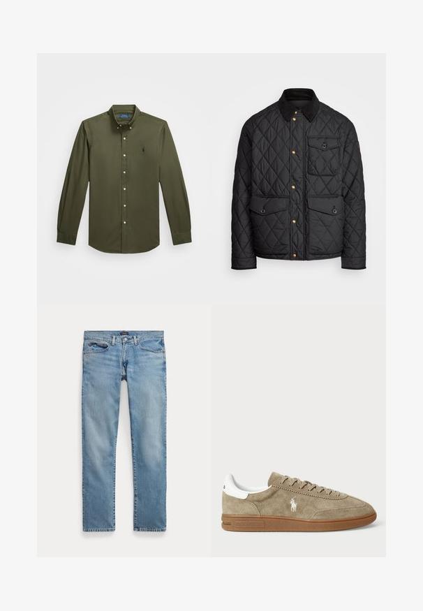 Sort quiltet jakke med en corduroy krave, guld trykknapper, to frontlommer og en lomme på venstre side, udstyret med et logo patch.; Langærmet skjorte med knapper i olivengrønt bomuld. Har et lille broderet logo på brystet, almindelig krave og knapdetaljer.; Lyseblå jeans med lige ben, forlommer og knaplukning, lagt fladt på en hvid baggrund.; Suedesneakers i tan med hvide detaljer, rund tå og snørebåndsdesign. Har præget logo og gummisål for bedre greb.