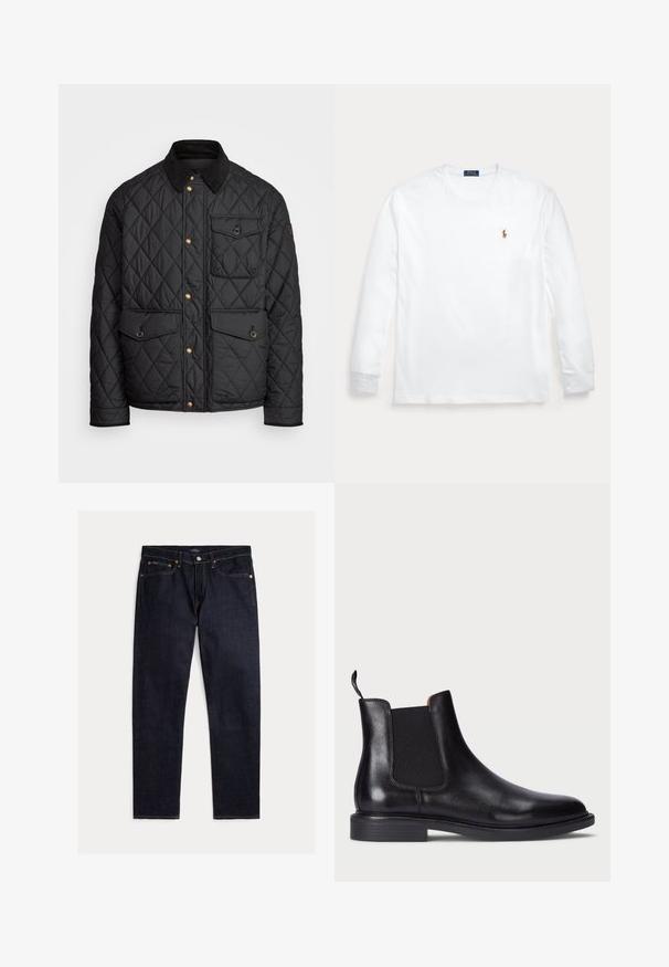 Zwarte gewatteerde jas met een corduroy kraag, gouden drukknoopsluitingen, twee voorzakken en een zak aan de linkerkant, voorzien van een logo patch.; Witte longsleeve met ronde hals en klein geborduurd Polo Ralph Lauren-logo op de linkerborst.; Donker indigoblauwe rechte jeans met vijf zakken, knoop- en ritsluiting en contrasterende oranje stiksels op een effen achtergrond.; Zwarte leren Chelsea-boot met elastische zijpanelen, een gestructureerde afwerking, een ronde neus en een lage gestapelde hak. Voorzien van een trekband voor gemakkelijk aan- en uittrekken.