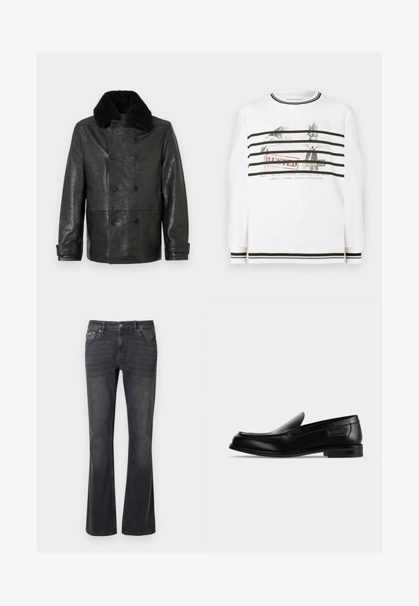Doppelt geknöpfte schwarze Lederjacke mit strukturierter Oberfläche und einem weichen schwarzen Pelzkragen. Verfügt über Seitentaschen und Knopfverschlüsse.; Weißes Langarmshirt mit schwarzen horizontalen Streifen und Grafikdruck. Gerippter Halsausschnitt und Bündchen mit schwarzen Akzentdetails.; Schwarze Jeans aus Denim mit ausgestelltem Design, fünf Taschen und einem Metallknopfverschluss. Der Stoff hat eine glatte Textur mit dezentem Verblassen.; Schwarzer Leder-Slipper mit niedrigem Absatz, abgerundeter Spitze und dekorativer Naht entlang der oberen Kante.