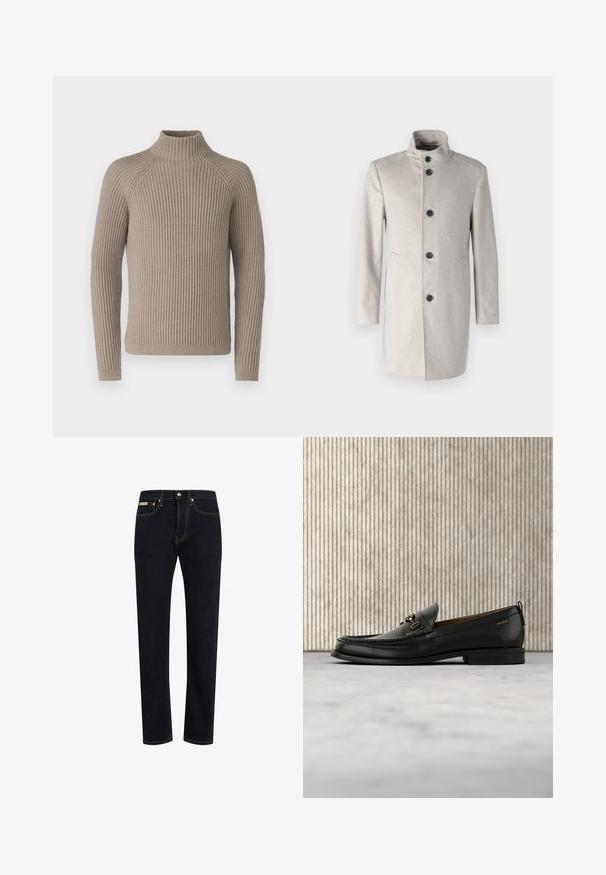 Abrigo gris claro con cuello alto, que presenta cinco botones negros, bolsillos laterales y un diseño recto en una tela suave.; Suéter de cuello alto de canalé beige con mangas largas, que presenta una silueta ajustada y un patrón de punto texturizado. Hecho de un material suave.; Jeans de mezclilla azul oscuro con un corte recto, costuras visibles en un color naranja contrastante y un diseño clásico de cinco bolsillos.; Mocasín de cuero negro con pieza metálica dorada y logotipo "HUGO", exhibido sobre una alfombra beige y muebles translúcidos marrones.