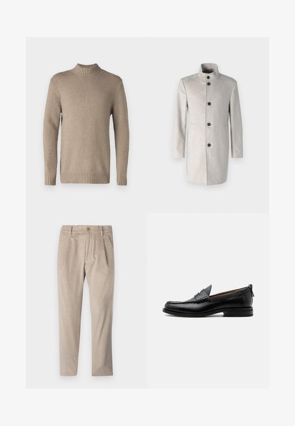 Abrigo gris claro con cuello alto, que presenta cinco botones negros, bolsillos laterales y un diseño recto en una tela suave.; Suéter de punto beige con una superficie texturizada, cuello y puños acanalados. Cuenta con mangas largas y un dobladillo recto para un diseño clásico.; Pantalones de pana beige con cintura elástica, cierre de botón y detalles de pinzas, que presentan un diseño de pierna recta y una textura en la tela.; Mocasín de hombre de piel negra con costura moc toe, tira penny, cuello texturizado y tacón bajo apilado sobre fondo blanco.