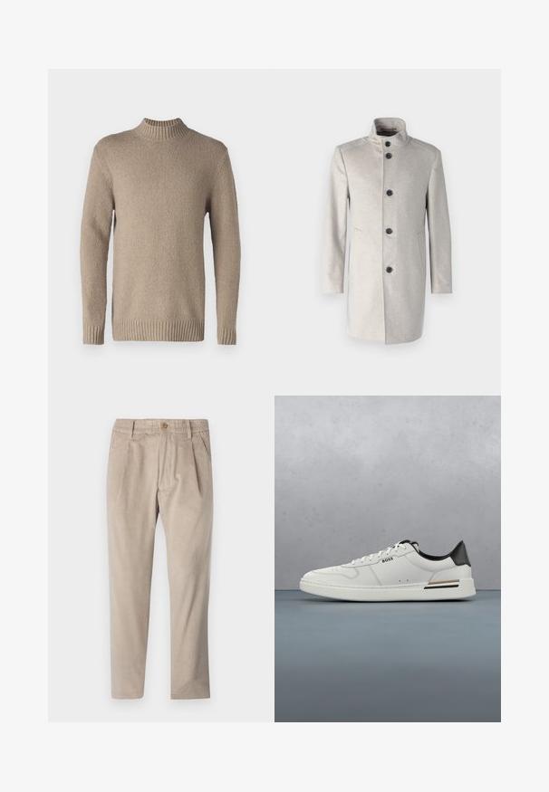 Abrigo gris claro con cuello alto, que presenta cinco botones negros, bolsillos laterales y un diseño recto en una tela suave.; Suéter de punto beige con una superficie texturizada, cuello y puños acanalados. Cuenta con mangas largas y un dobladillo recto para un diseño clásico.; Pantalones de pana beige con cintura elástica, cierre de botón y detalles de pinzas, que presentan un diseño de pierna recta y una textura en la tela.; Zapatilla baja blanca con talón negro, cierre con cordones, perforaciones sutiles y el logo "BOSS" en el costado, mostrada desde el perfil exterior.