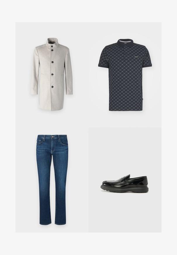 Lys grå frakke med høj krave, prydet med fem sorte knapper, sidelommer og en lige skæring i et blødt stof.; Marine polo shirt i bomuld med et geometrisk mønster i lys grå. Selvkantkrave, tre-knaps lukning og logo broderi på brystet.; Mørkeblå denimjeans med lige ben-design, klassisk fem-lomme stil og en knaplukning i taljen. Glat tekstur.; Sort læderloafer med en blank finish, rund tå, subtile syninger og en tyk gummisål for holdbarhed.