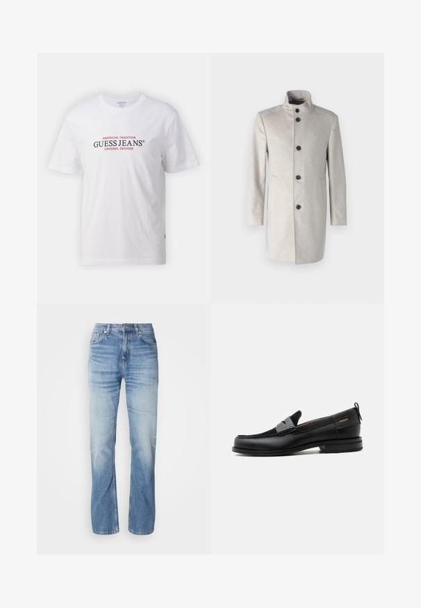 Hellgrauer Mantel mit hohem Kragen, fünf schwarzen Knöpfen, seitlichen Taschen und geradem Schnitt aus einem weichen Stoff.; Weißes Baumwoll-T-Shirt mit Rundhalsausschnitt und kurzen Ärmeln, mit rotem und schwarzem Text "GUESS JEANS" und "AMERICAN TRADITION."; Hellblaue Jeans aus Denim mit geradem Bein, verblasstem Finish, fünf Taschen und Knopfverschluss. Klassisches Design und mittlere Dicke.; Schwarzer Lederloafer mit grauem Riemendetail, niedrigem Absatz und strukturierter Sohle, seitlich mit „HUGO“ in Gold gebrandmarkt.