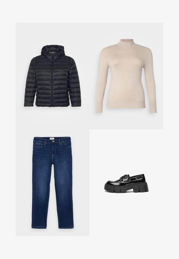 Mustmust must jacket kapuutsiga, millel on lukustus, tikkimine ja elastsed mansetid. Valmistatud kergest, siledast kangast.; Beeziga turtleneck-sweater, mis on valmistatud pehmest kangast, omades pikki varrukaid ja soonikuid mansette. Sile tekstuur, ilma mustrite või kaunistusteta.; Tumed sinised teksad, sirge lõikega, viie-tasku disainiga, nähtava õmblusega ja metallnööbiga vöökohal.; Must musta nahklofer musta paksu platvorme tallaga ja dekoratiivsete silmadega. Sile tekstuur, ümar nina ja nööridega detail.