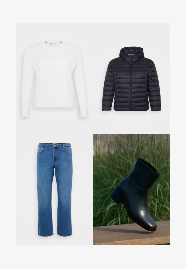 Sort pufferjakke med hætte, der har lynlås lukning, quiltet design og elastiske manchetter. Fremstillet af let, glat stof.; Hvid strikket sweater med et struktureret diamantmønster, rund halsudskæring og lange ærmer. Lille logoaccent på brystet.; Blå denimjeans med lige ben, der har en knaplukning, klassisk fem-lomme design og en subtil falmet tekstur på lårene.; Sort læder ankelstøvle med rundet tå og en moderat hæl. Har lodrette syninger på siden, glat tekstur og en slank silhuet.