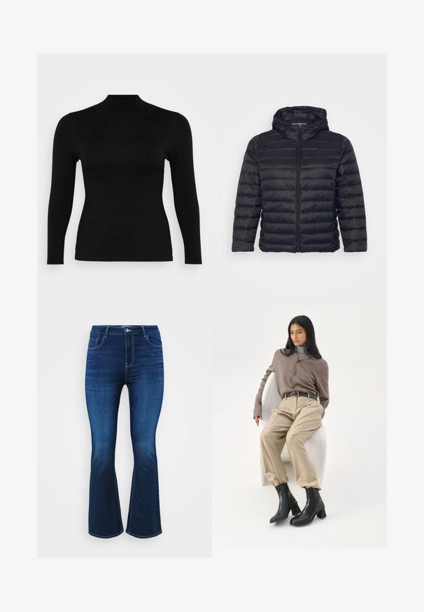 Sort pufferjakke med hætte, der har lynlås lukning, quiltet design og elastiske manchetter. Fremstillet af let, glat stof.; Sort langærmet turtleneck top lavet af blødt, glat stof. Slim fit med høj hals og lige kant, præget af minimale sømme og uden mønstre.; Mørkeblå bootcut jeans lavet af denim, med fem lommer, lynlås og knaplukning samt kontrastsyninger langs sømmene.; Kvinde med langt sort hår, der læner sig op ad en hvid buet stol iført en taupe bluse, beige bukser, sort bælte og sorte ankelstøvler med hæl.