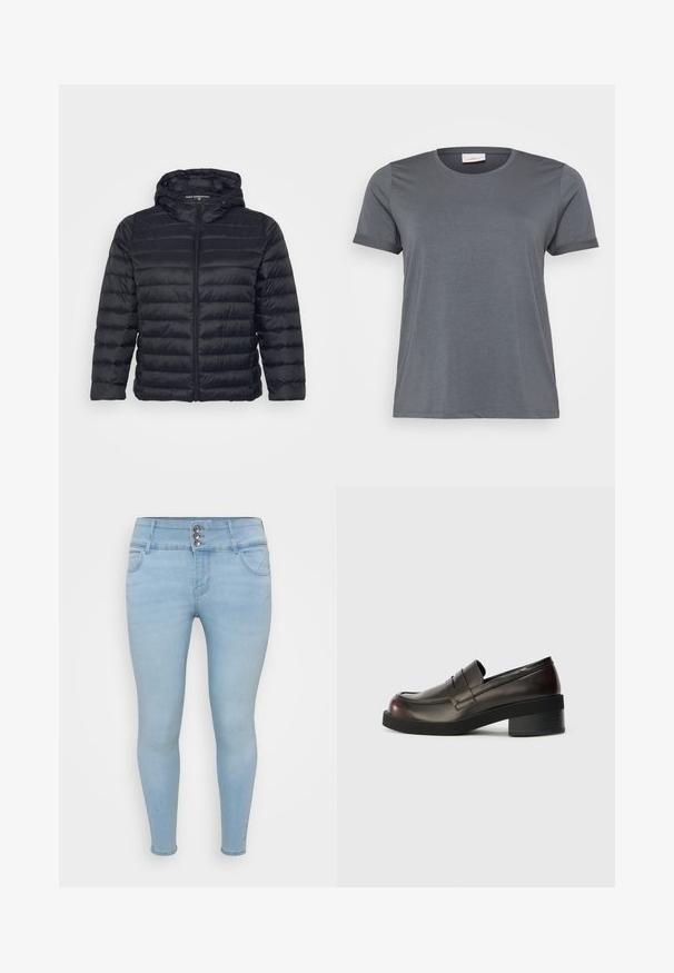 Sort pufferjakke med hætte, der har lynlås lukning, quiltet design og elastiske manchetter. Fremstillet af let, glat stof.; Grå kortærmet T-shirt lavet af blødt stof, med en klassisk rund halsudskæring og oprullede ærmer. Glat tekstur uden synlige mønstre.; Lysblå skinny jeans lavet af denim. Har tre-knaps lukning, to frontlommer og en glat tekstur.; Mørkebrune læder loafers med rund tå, syninger og en moderat blokhæl. Glat tekstur, minimalistisk design.