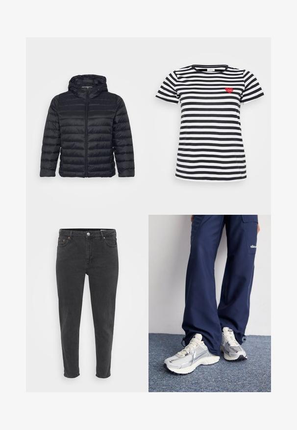 Doudoune noire avec capuche, dotée d'une fermeture éclair, d'un design matelassé et de poignets élastiques. Fabriquée en tissu léger et lisse.; T-shirt à rayures noir et blanc avec un col rond et des manches courtes, présentant une petite broderie en forme de cœur rouge sur la poitrine gauche.; Jean en denim noir slim fit avec bouton et fermeture éclair à l'avant, passants de ceinture et cinq poches, présenté sur un fond clair et uni.; Baskets de sport Nike avec une tige en maille argentée, des accents blancs et des semelles texturées, associées à un pantalon marine ample.