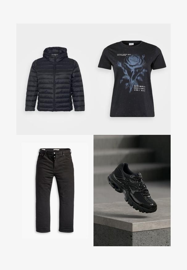 Doudoune noire avec capuche, dotée d'une fermeture éclair, d'un design matelassé et de poignets élastiques. Fabriquée en tissu léger et lisse.; ONLY Carmakoma CARMIKO WASHED SS REG TEE JRS - T-shirt imprimé - black; Jean en denim noir avec une coupe droite, comprenant une fermeture à bouton, cinq poches et des détails de couture subtils. Texture lisse.; Chaussure de course noire Nike avec tige en mesh et synthétique flottant au-dessus d'une surface en béton avec des marches en arrière-plan.